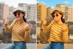 Side-by-side comparison showing a woman in a yellow-and-white striped sweater, hat, and red sunglasses in a realistic photograph on the left and a cartoon-style illustration of the same scene on the right.