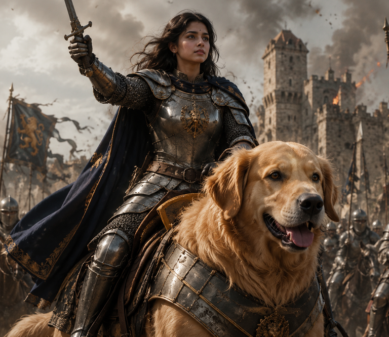 Woman in medieval knight armor riding an armored golden retriever into battle, with soldiers and a castle in the background