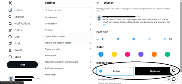 X Display settings showing the Background section with Default and Lights out theme options for changing the app appearance.