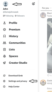 X app side menu showing the profile icon and Settings and privacy option highlighted to access account settings.