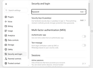 ChatGPT Security and login page showing Password and Security keys and passkeys options, followed by Multi-factor authentication with Authenticator app and Text message toggles