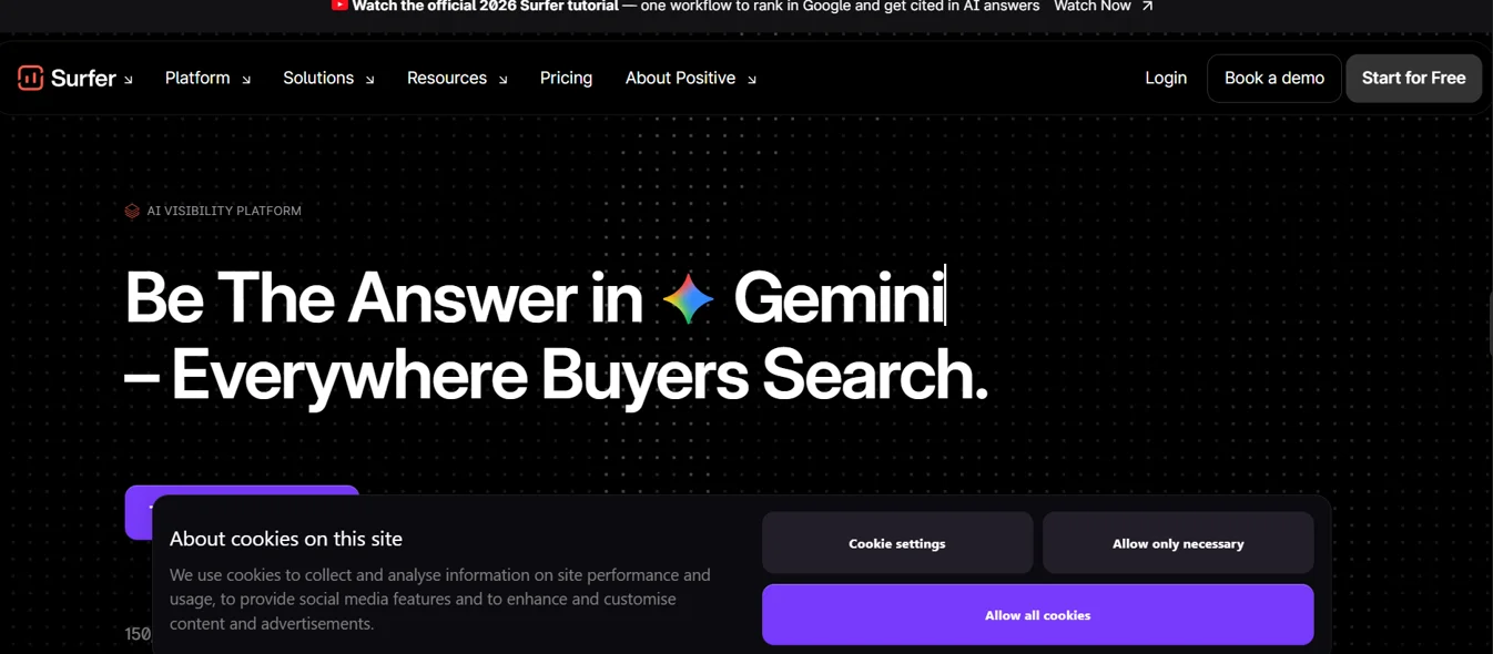 Surfer SEO homepage with the headline "Be The Answer in Gemini, Everywhere Buyers Search," labeled as an AI Visibility Platform.