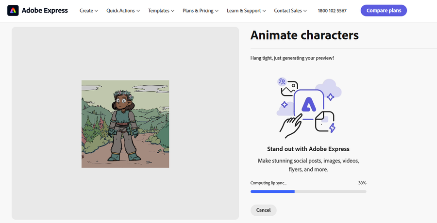Adobe Express Animate Characters screen showing character preview while lip-sync processing is in progress