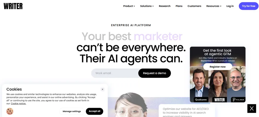 Writer (writer.com) homepage reading "Your best marketer can't be everywhere. Their AI agents can,"with its Enterprise AI Platform positioning and a" Try for free" button.